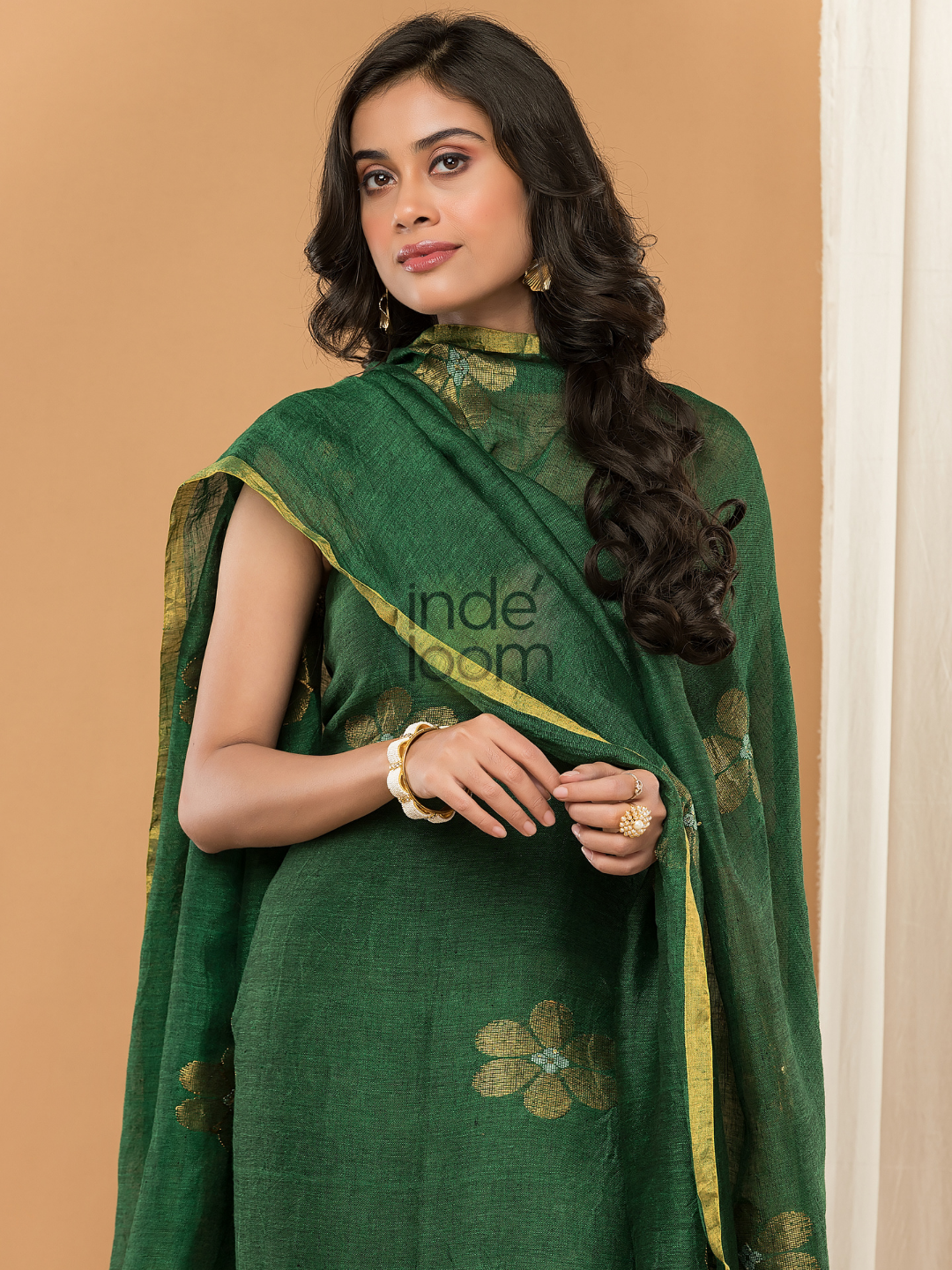 Pine Green color Jamdani 2-Piece Set Kurti & Dupatta (UNSTITCHED) - 144