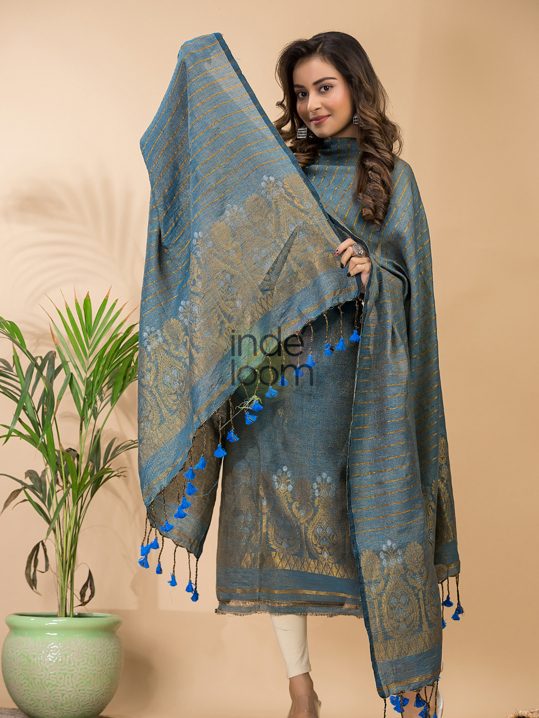 Space Blue Organic Linen 2-Piece Set Kurti & Dupatta (UNSTITCHED) - 0792
