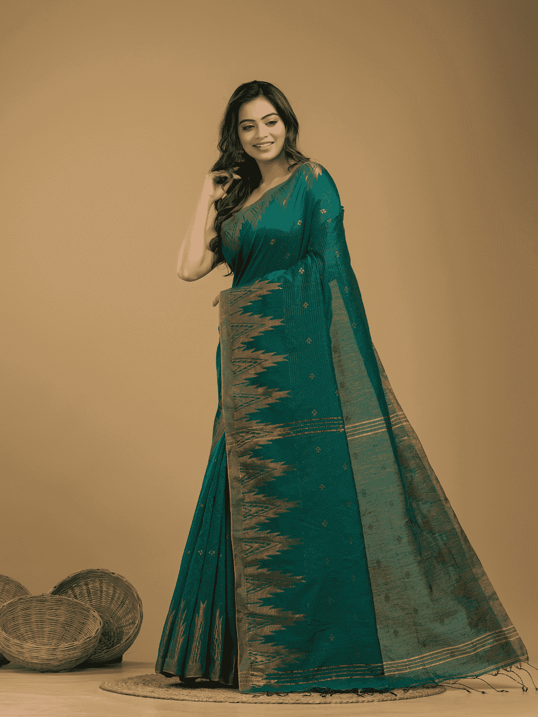 Jamdani Saree With Teal Green - 06 - indeloom