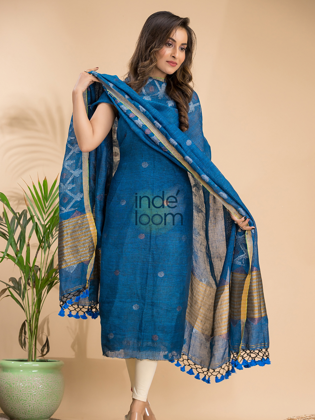 Royal Blue Linen X Line 2-Piece Set Kurti & Dupatta (UNSTITCHED) - 007