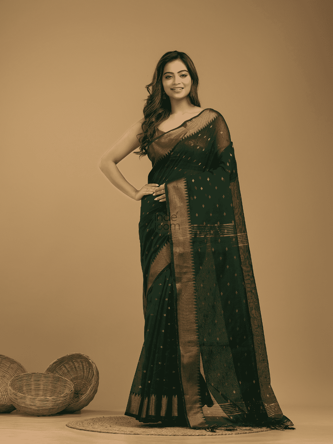 Dark Green Cotton Silk 1000 Butti Jamdani Saree - 006 - indeloom