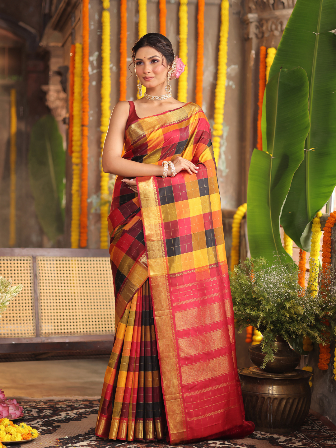 Kanakavalli - Ivory radiance drape with golden pallu and temple Zari