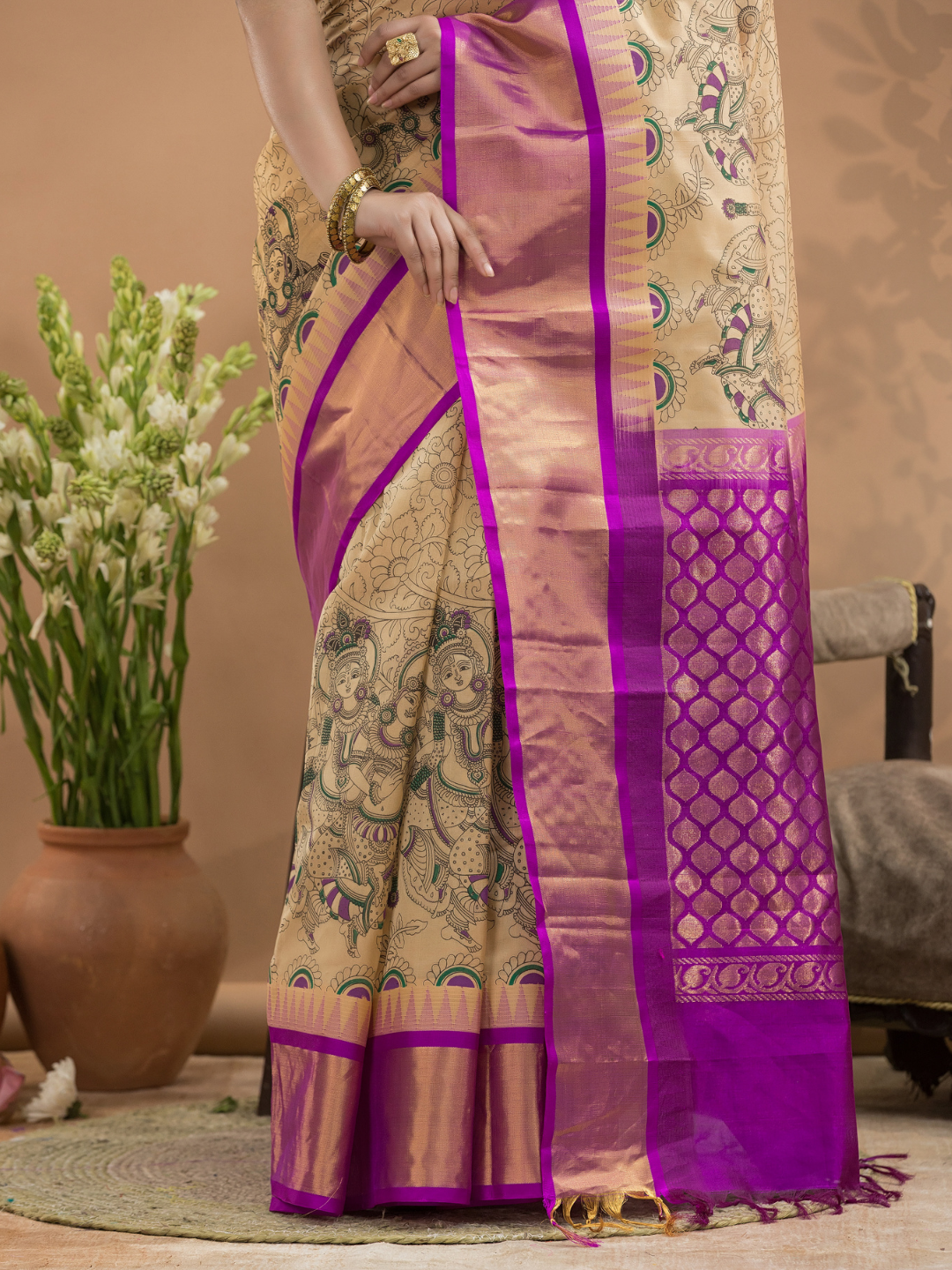 Pure Handloom Korvai Silk Cotton Saree In Butter Yellow Purple Border -175
