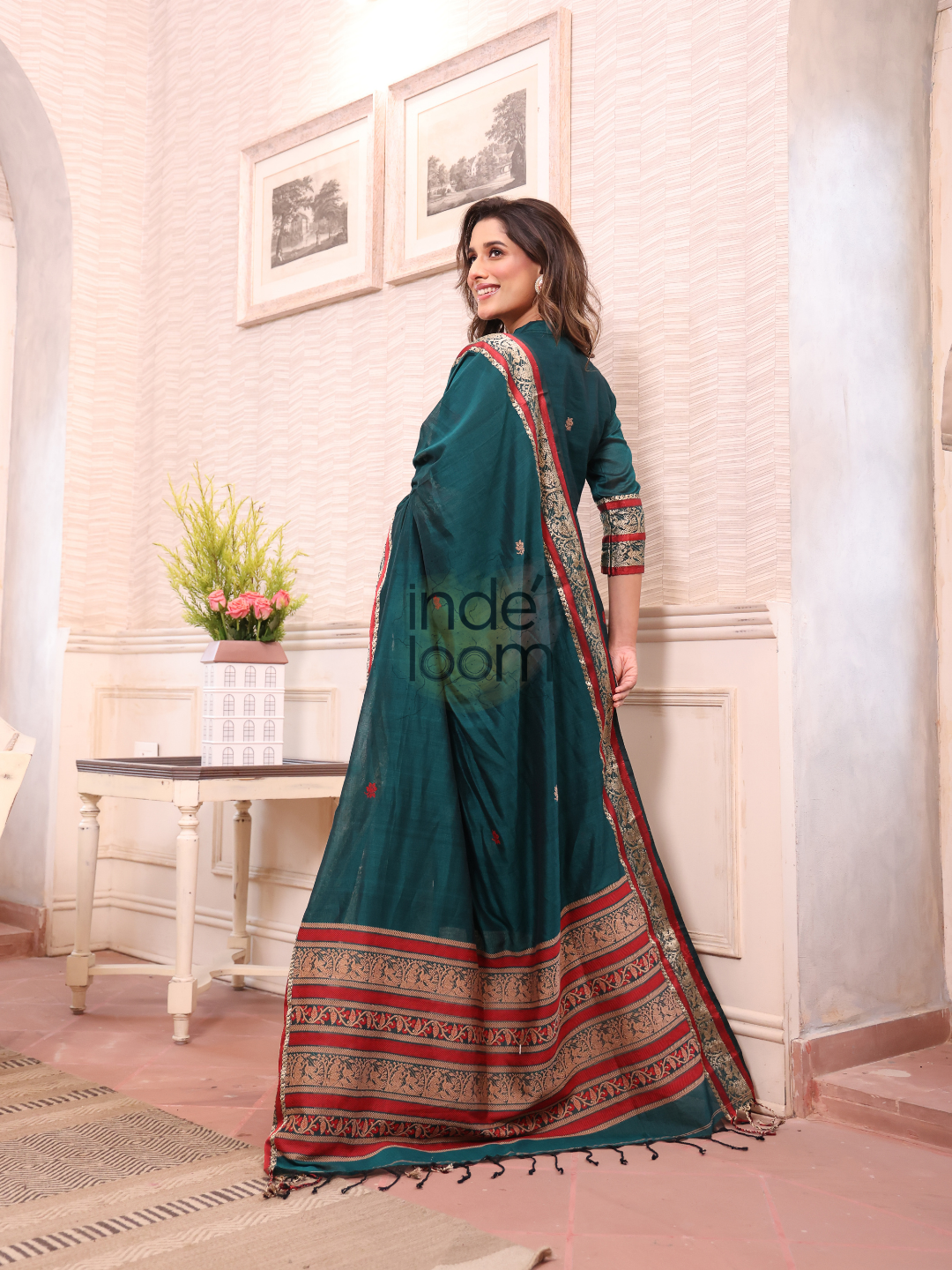 Forest Green Baluchari Linen 2-Piece Set Kurti & Dupatta (UNSTITCHED) - 308