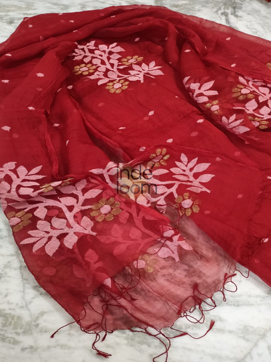 Muslin Jamdani 2-Piece Set Kurti & Dupatta (UNSTITCHED) Ruby Red -942