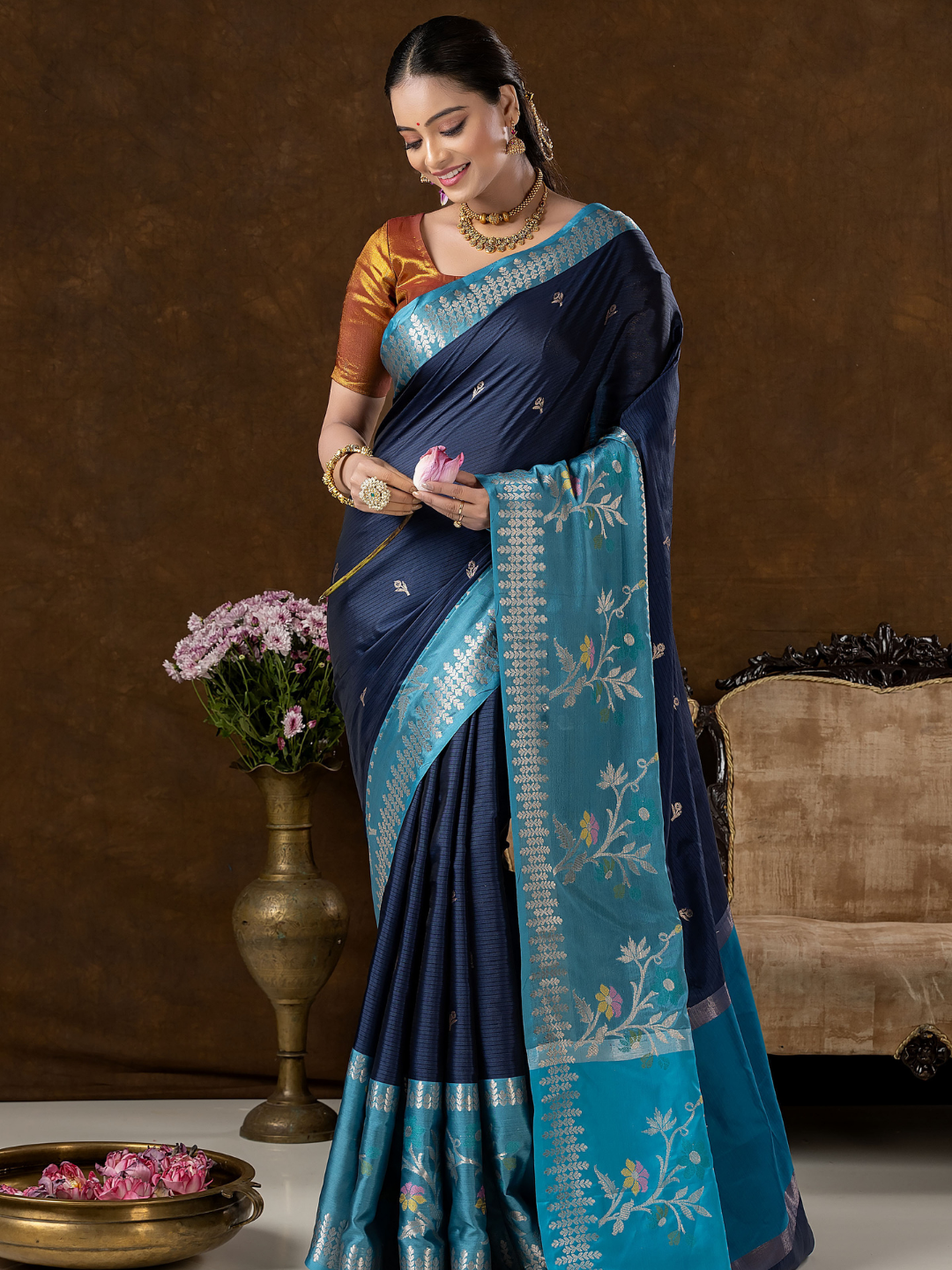 Classic Benarasi Semi Silk Saree | Deep Navy Blue