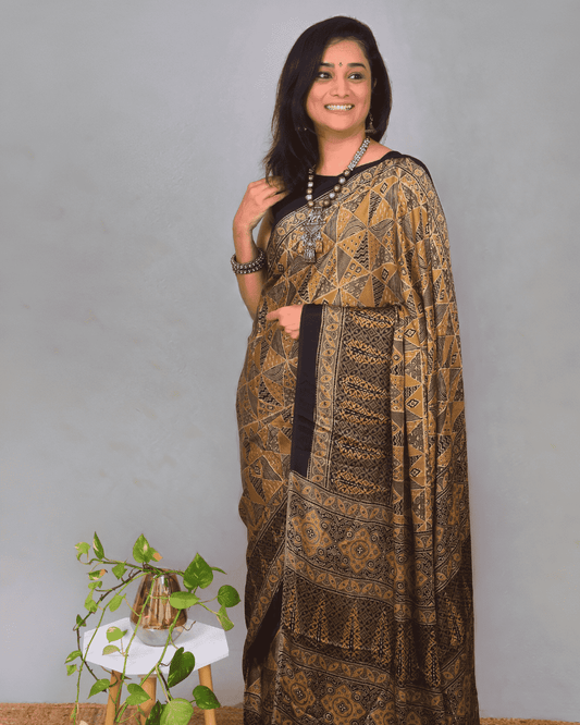 Ajrakh Exclusive Designer Modal Silk in Mustard and Black with Intricate Pattern - 041 - indeloom