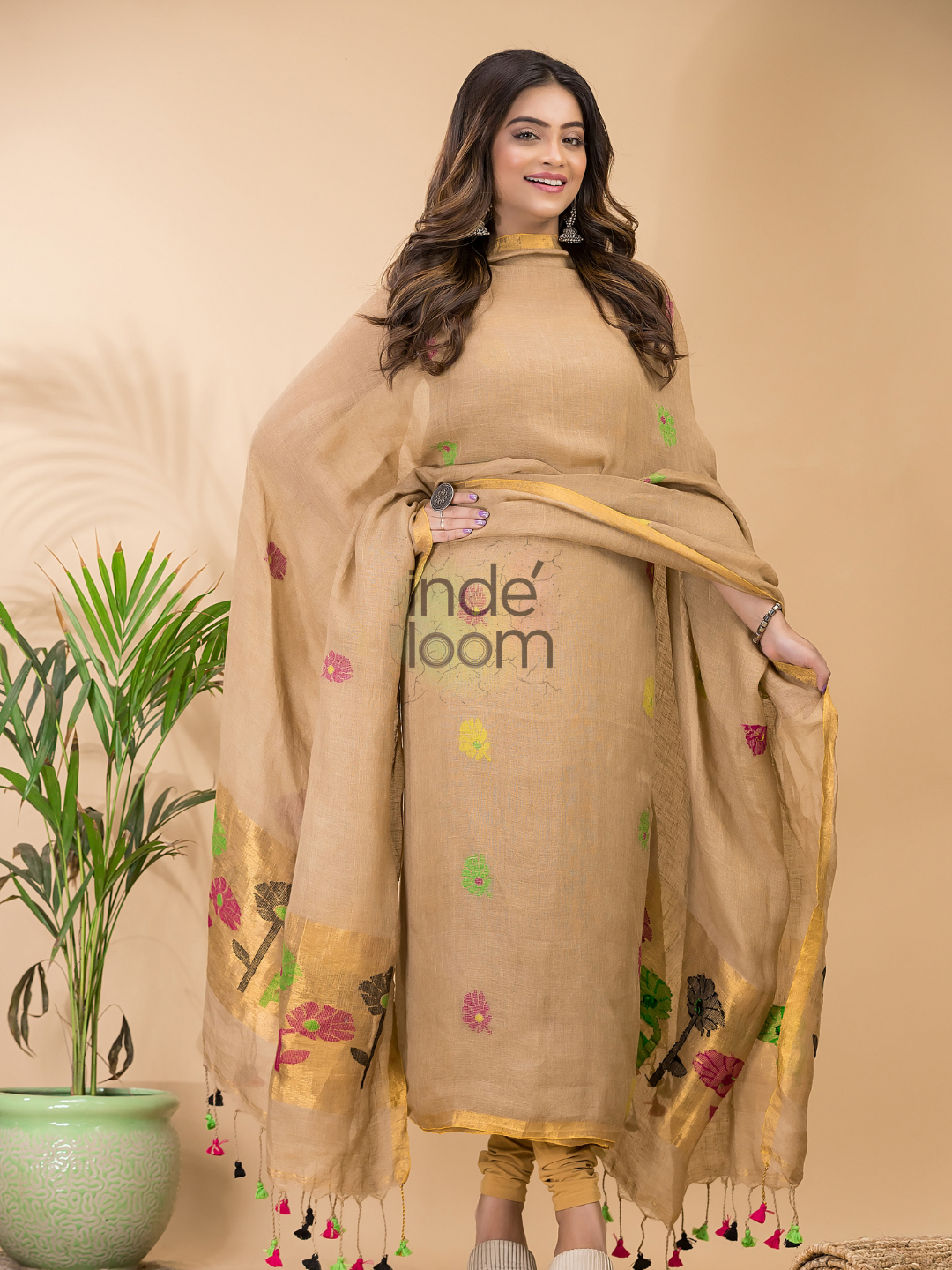 Sand Beige | Handloom Jamdani Tissue-Linen Unstitched 2-Piece Kurti