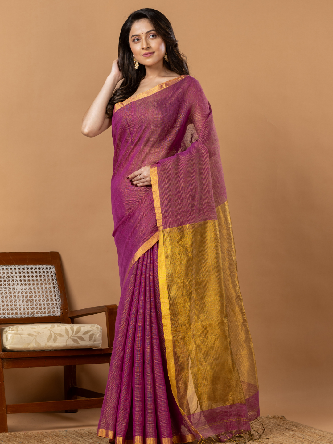 Pure Handloom Linen Saree | Deep Purple