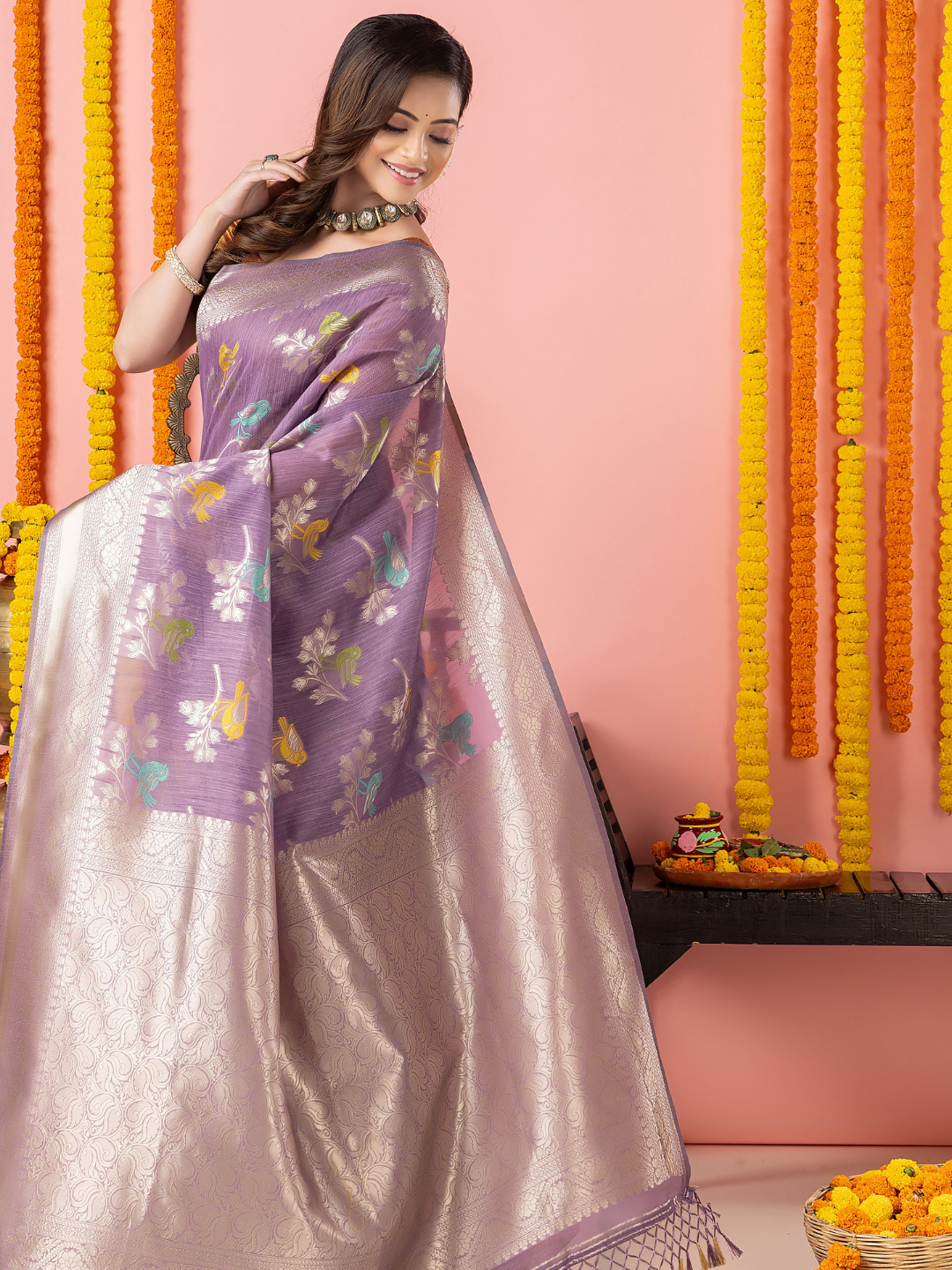 Classic Benarasi Katan Semi Silk Saree | Lavender