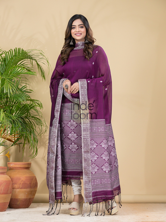 Wine Purple Mercerised Cotton Baluchari 2-Piece Set Kurti Dupatta (UNSTITCHED)-886