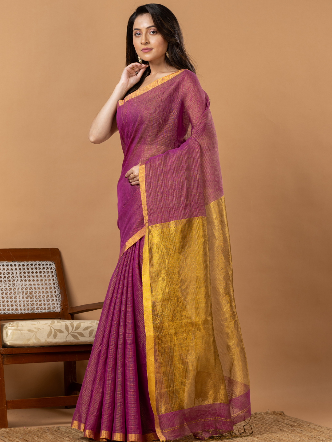 Pure Handloom Linen Saree | Deep Purple