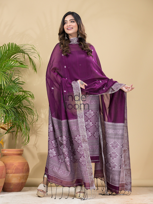 Wine Purple Mercerised Cotton Baluchari 2-Piece Set Kurti Dupatta (UNSTITCHED)-886