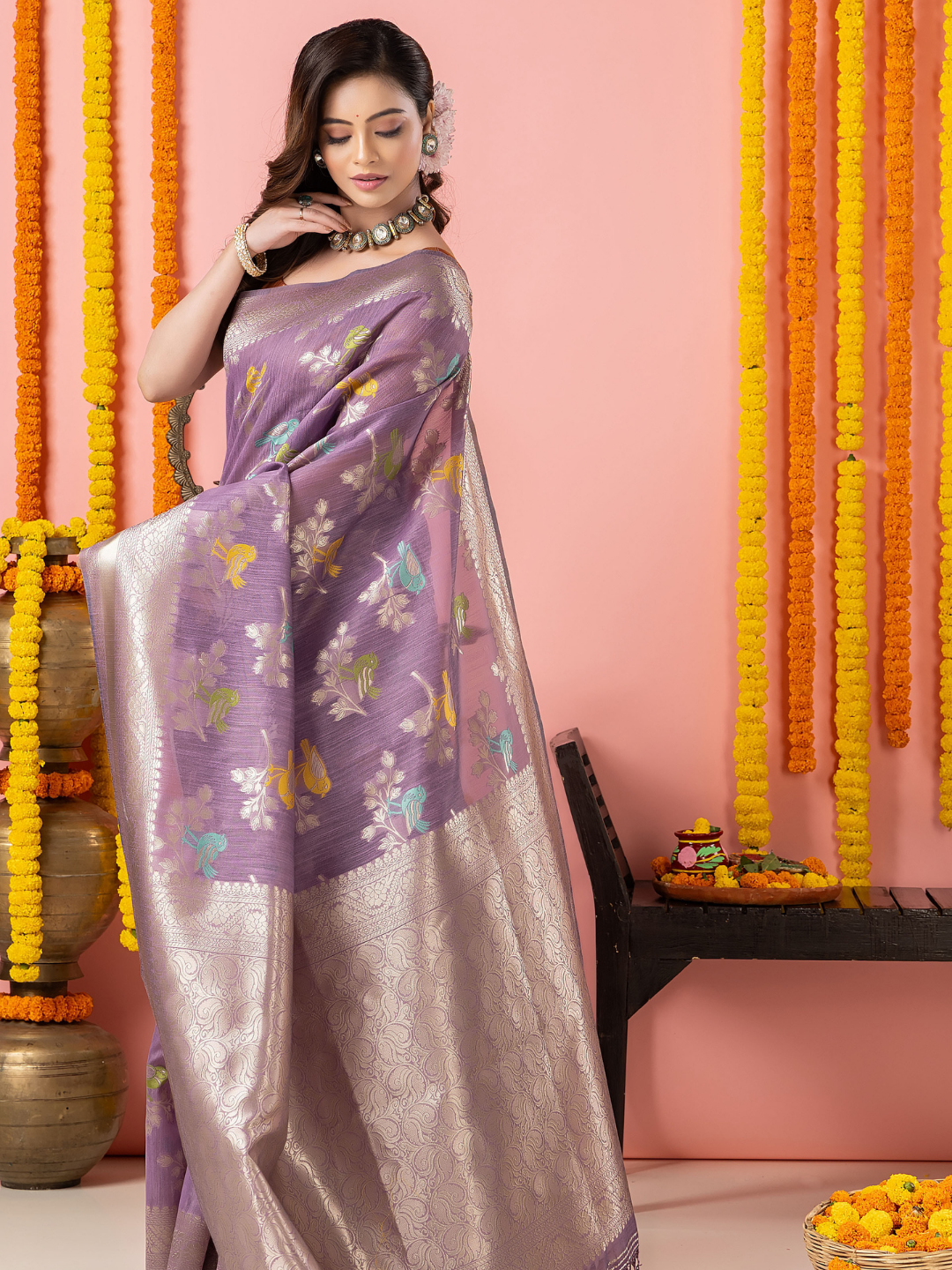 Classic Benarasi Katan Semi Silk Saree | Lavender
