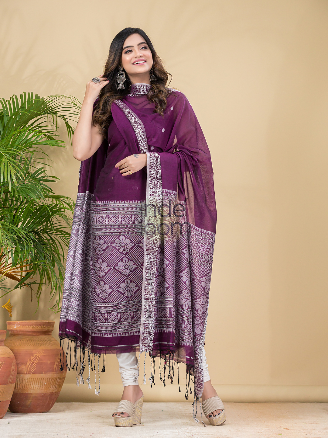 Wine Purple Mercerised Cotton Baluchari 2-Piece Set Kurti Dupatta (UNSTITCHED)-886