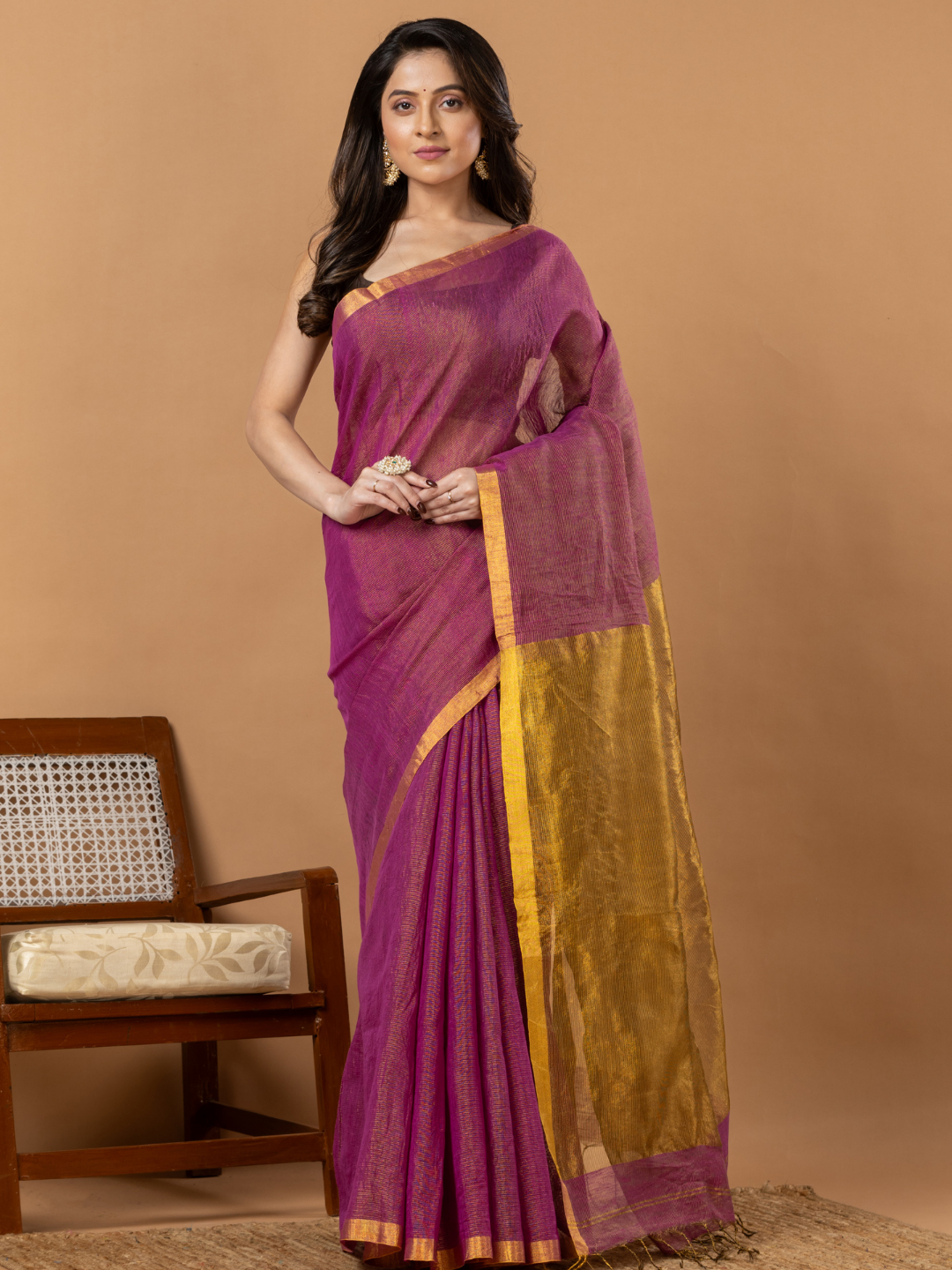 Pure Handloom Linen Saree | Deep Purple