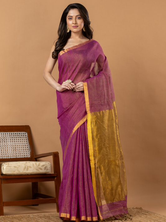 Pure Handloom Linen Saree | Deep Purple