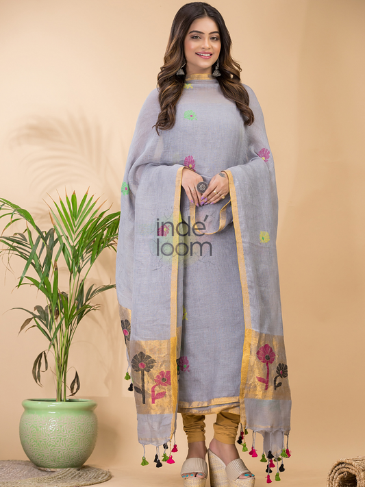 Stone Blue Linen X Linen 2-Piece Set Kurti & Dupatta (UNSTITCHED) - 068