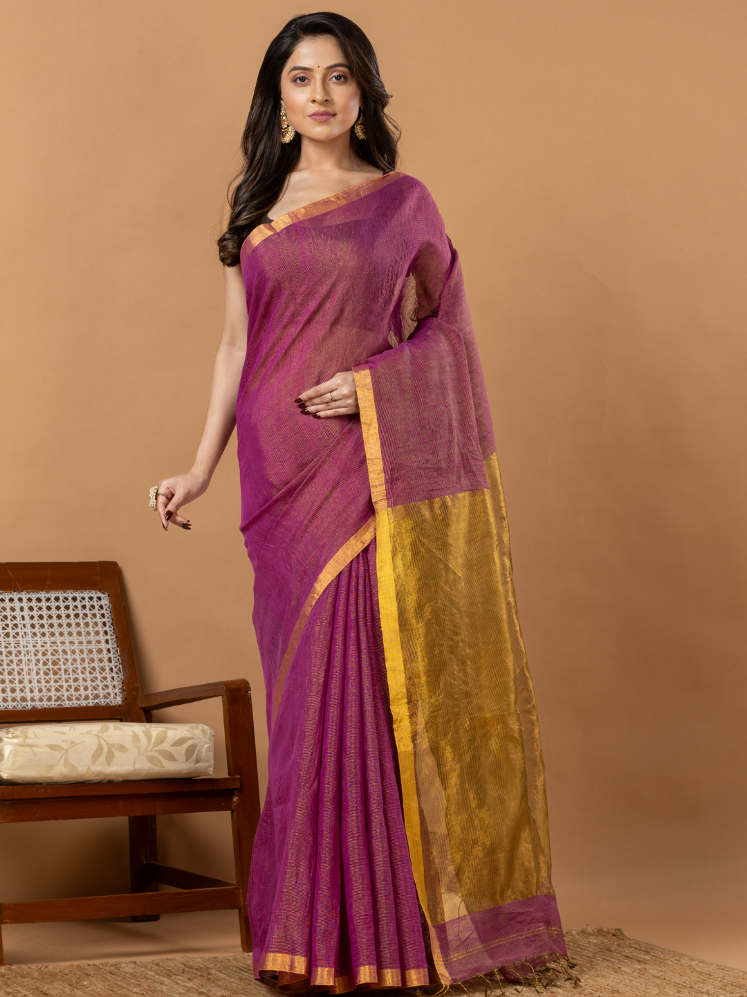 Pure Handloom Linen Saree | Deep Purple