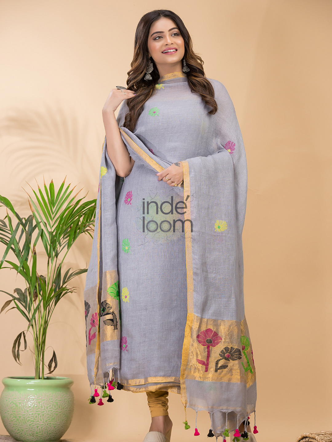 Stone Blue Linen X Linen 2-Piece Set Kurti & Dupatta (UNSTITCHED) - 068