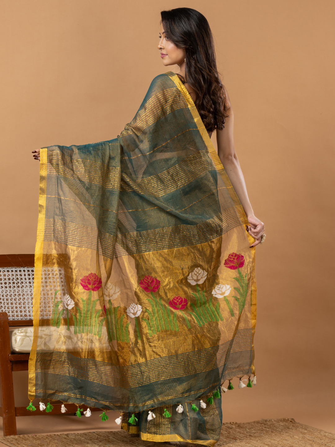 Handwoven Jamdani Silk Tissue Linen Saree | Deep Teal
