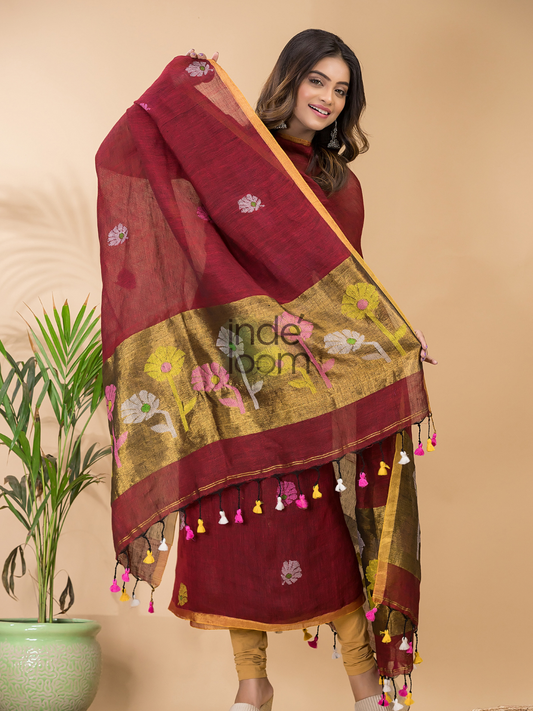 Blood Red Linen X Linen 2-Piece Set Kurti & Dupatta (UNSTITCHED) - 073