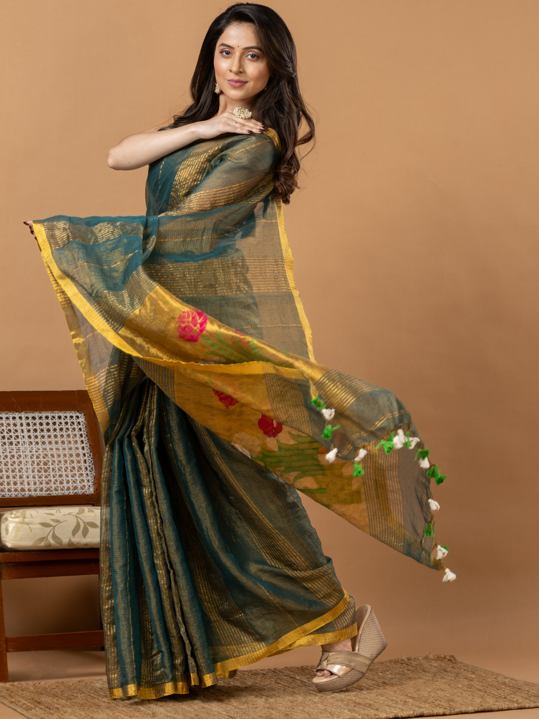 Handwoven Jamdani Silk Tissue Linen Saree | Deep Teal