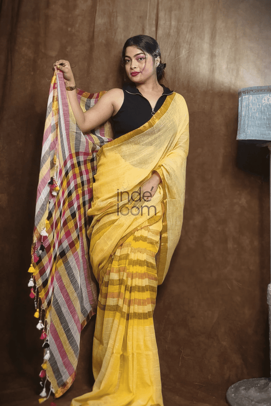 Handloom Linen Checks Saree with Mango Yellow-004 - indeloom