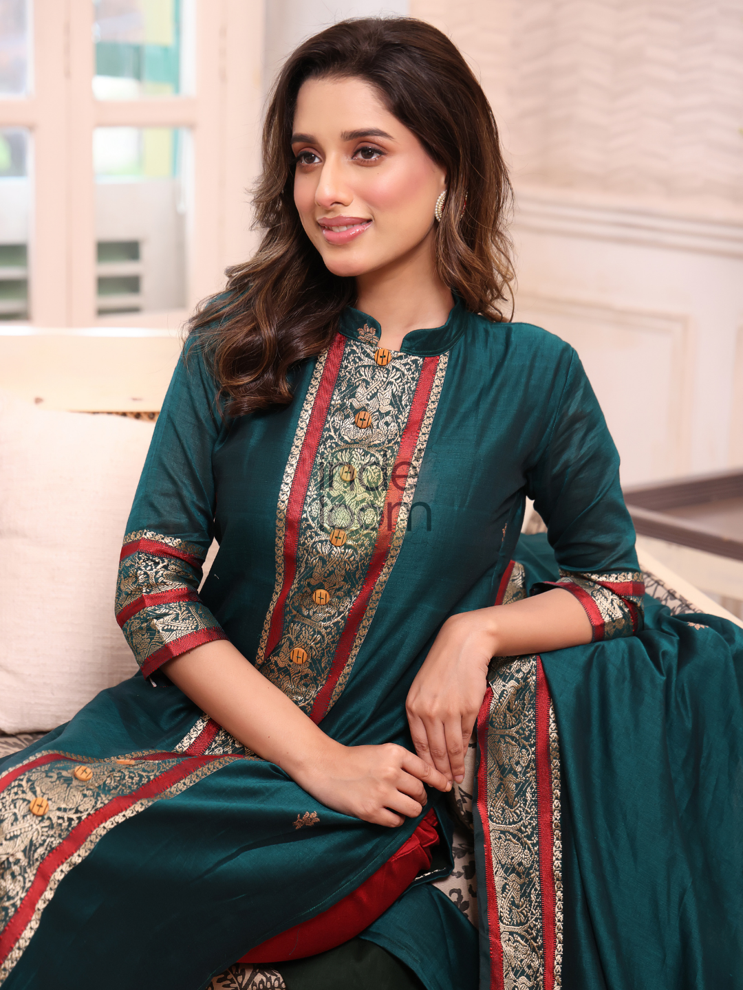 Forest Green Baluchari Linen 2-Piece Set Kurti & Dupatta (UNSTITCHED) - 308