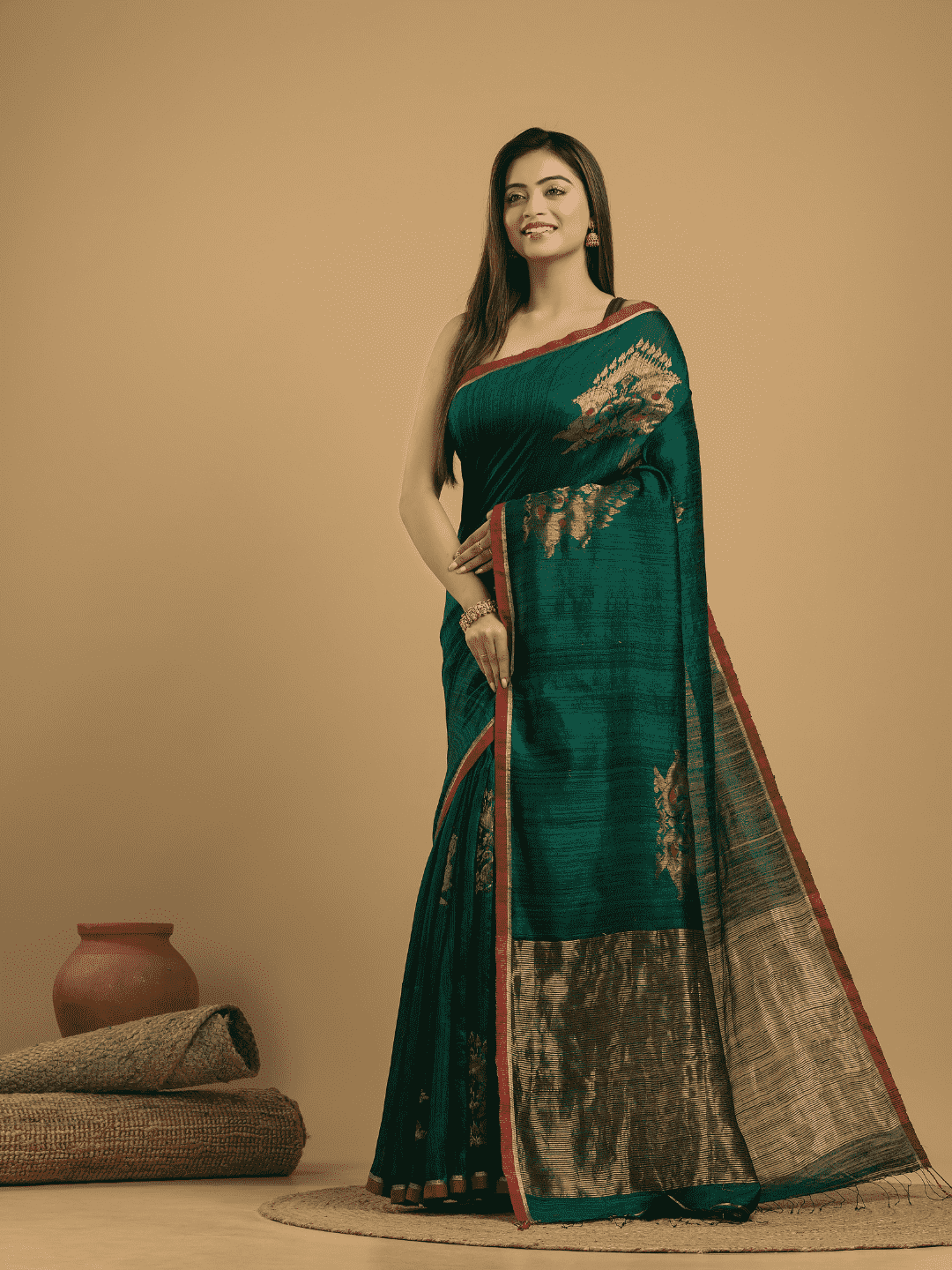 Dark Green Matka Silk Jamdani Saree - 041 - indeloom