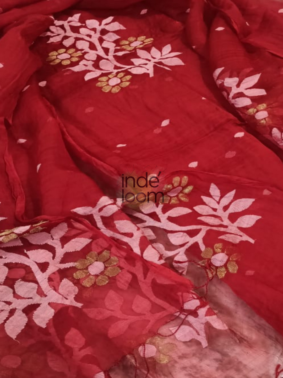 Muslin Jamdani 2-Piece Set Kurti & Dupatta (UNSTITCHED) Ruby Red -942
