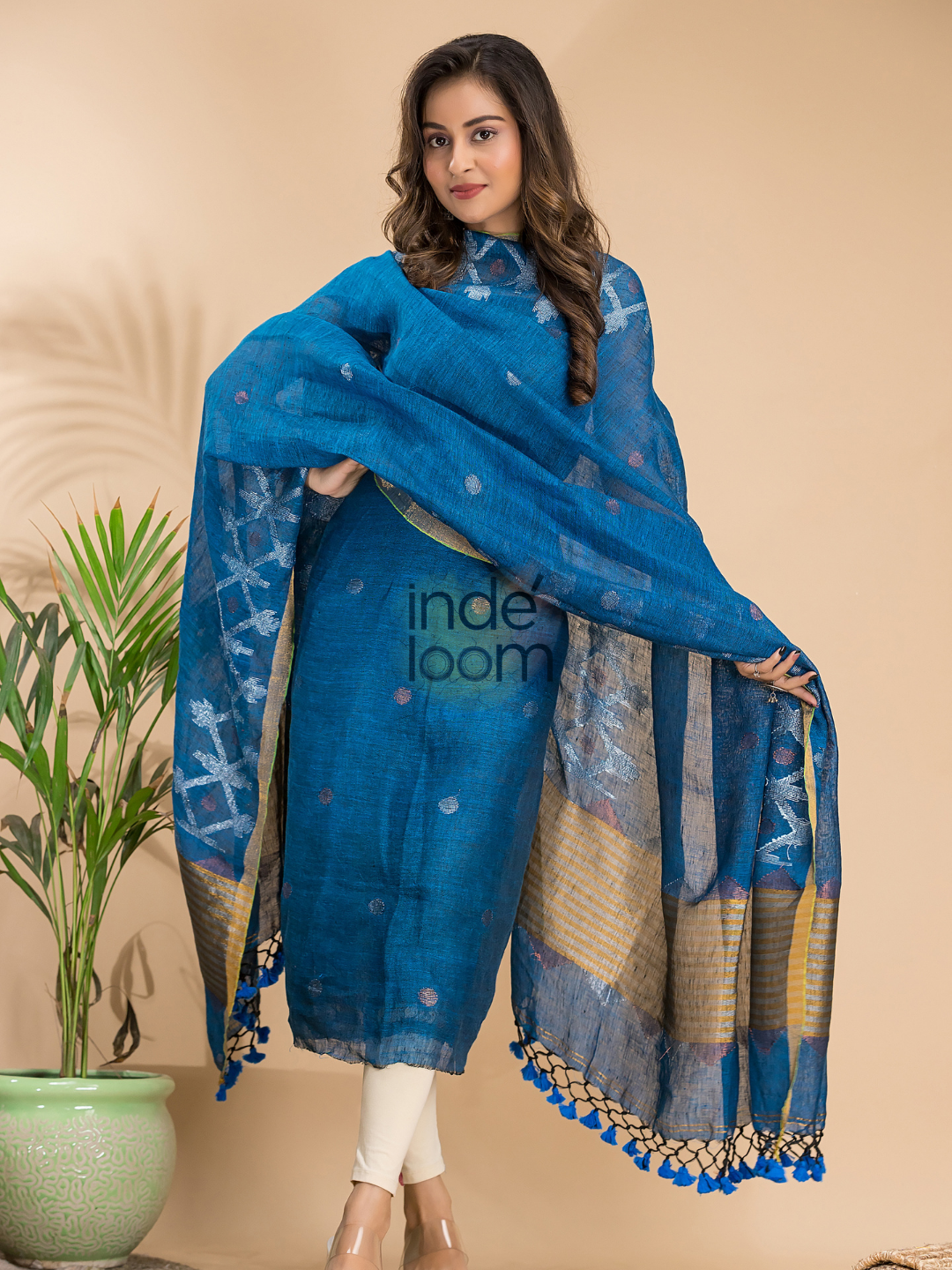 Royal Blue Linen X Line 2-Piece Set Kurti & Dupatta (UNSTITCHED) - 007