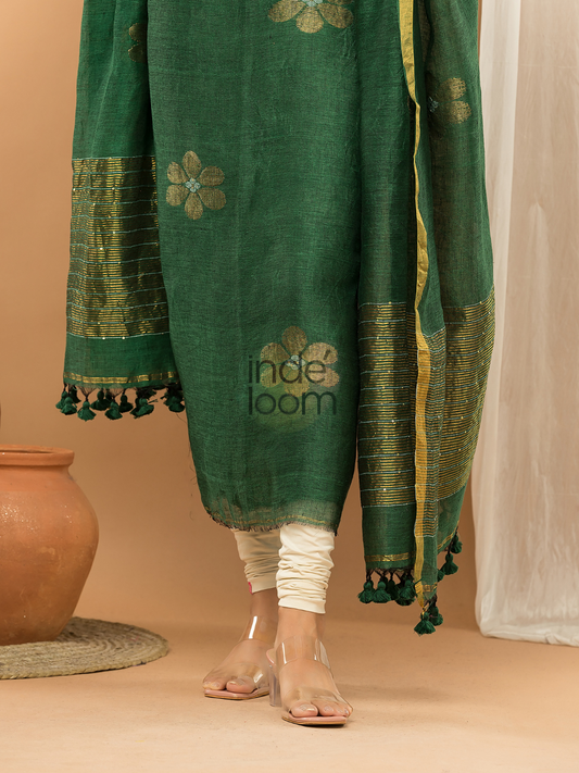 Pine Green color Jamdani 2-Piece Set Kurti & Dupatta (UNSTITCHED) - 144