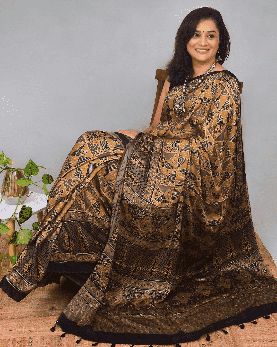 Ajrakh Exclusive Designer Modal Silk in Mustard and Black with Intricate Pattern - 041 - indeloom