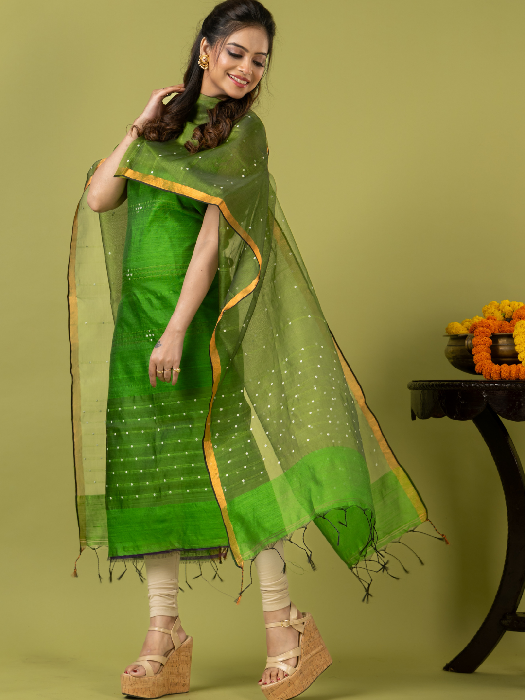 Handwoven Jamdani Muslin Unstitched 2-piece Kurti | Lime Green