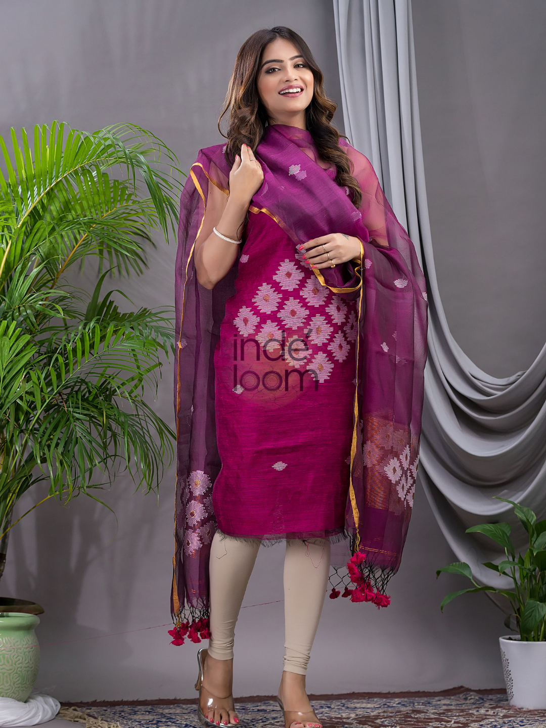 Orchid Purple Matka Jamdani 2-Piece Set Kurti & Dupatta (UNSTITCHED) - 107