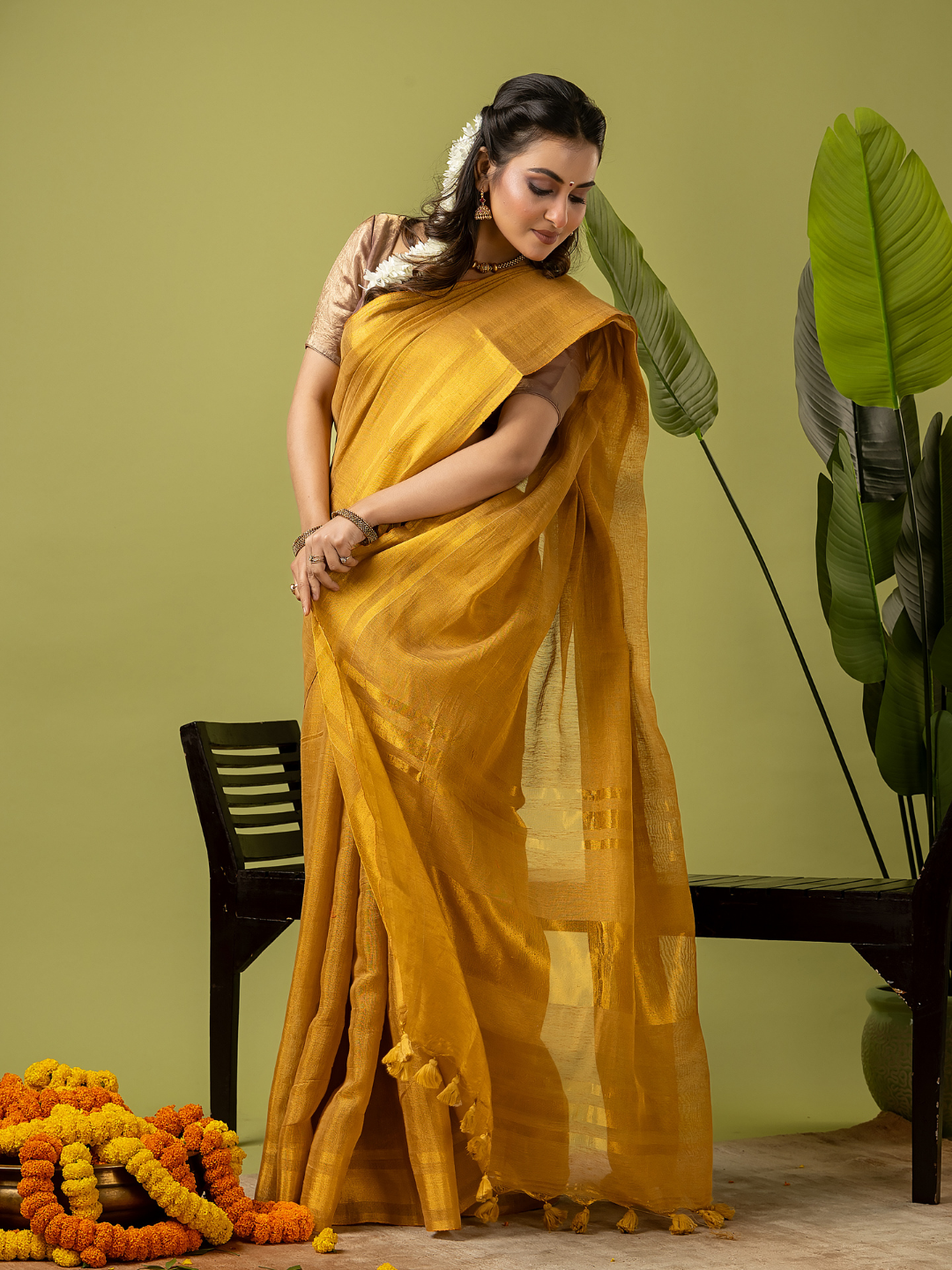 Pure Handloom Linen Saree | Golden Yellow  and Yellow  | Half and Half style with Contrast Border