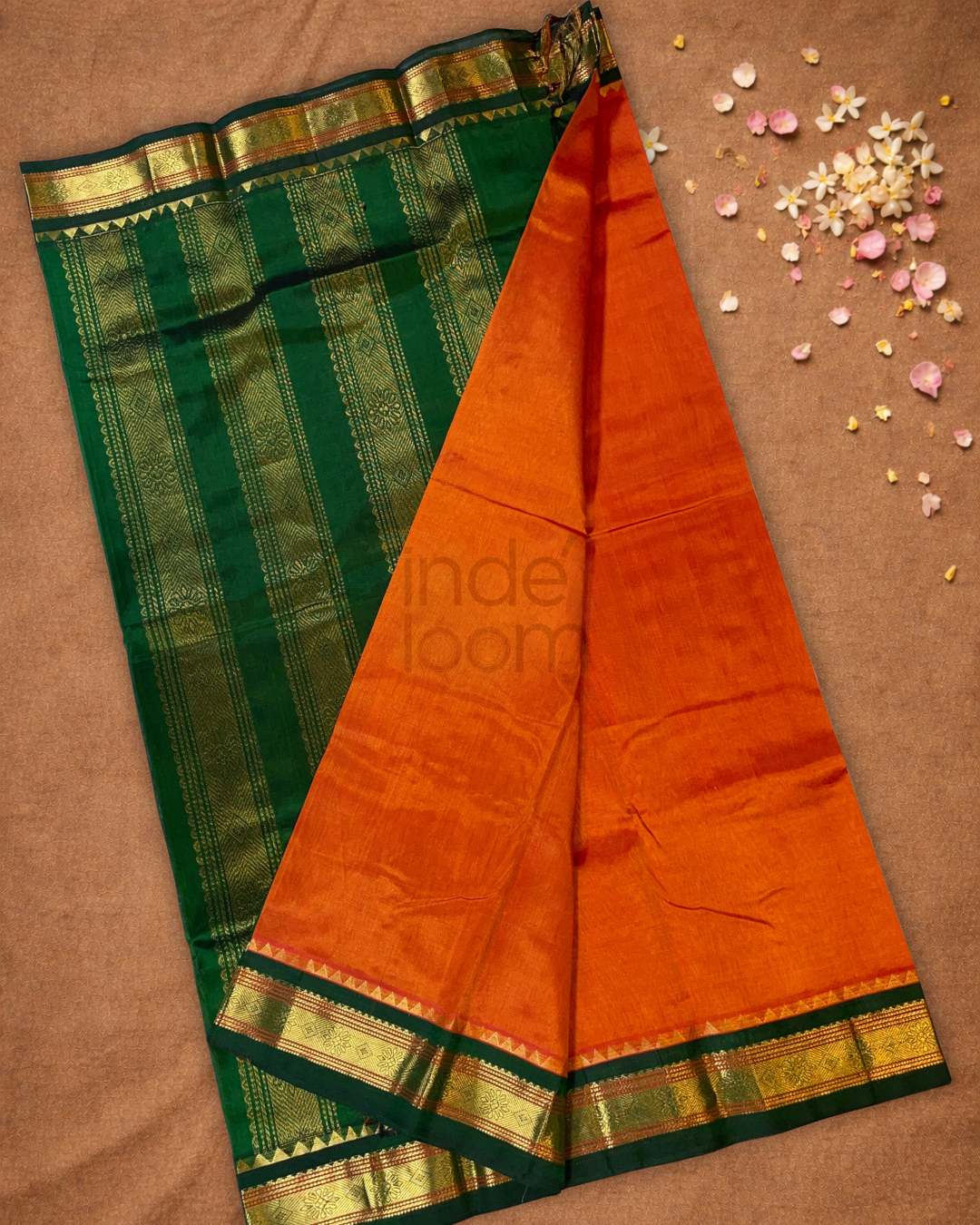 Handloom Korvai Silk Cotton Saree  |  Fire Orange