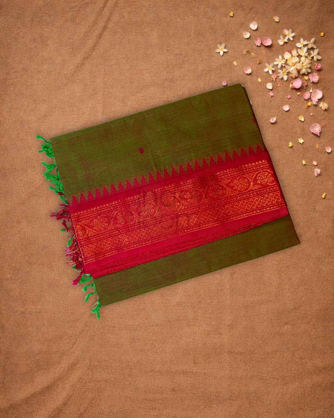 Chettinad Cottton Saree With Olive green with pink border