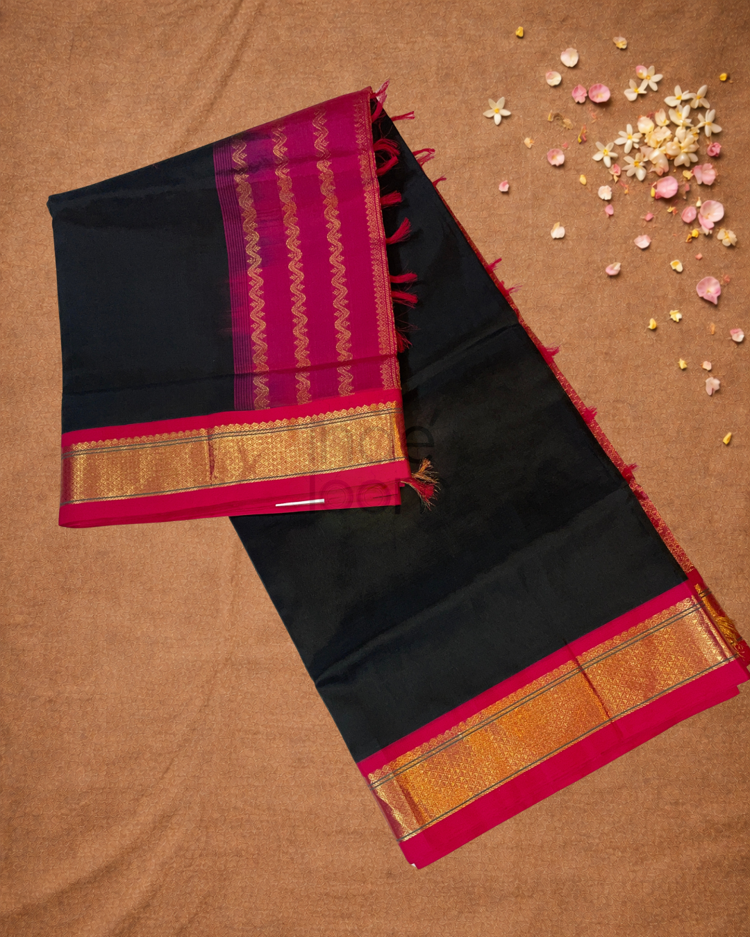Handloom Korvai Silk Cotton Saree  |  Midnight Black