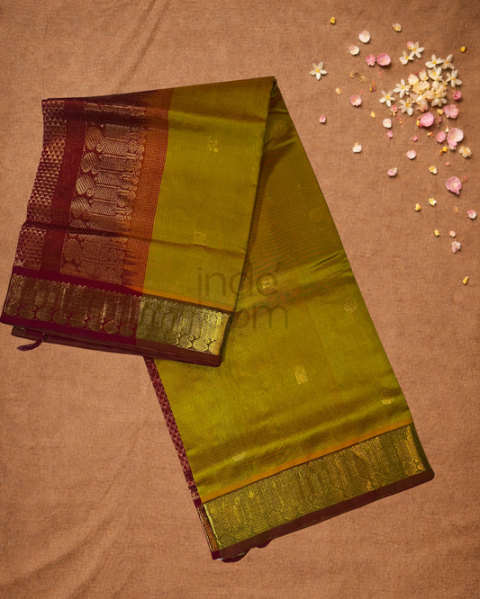 Handloom Korvai Silk Cotton Saree  |  Lime Green