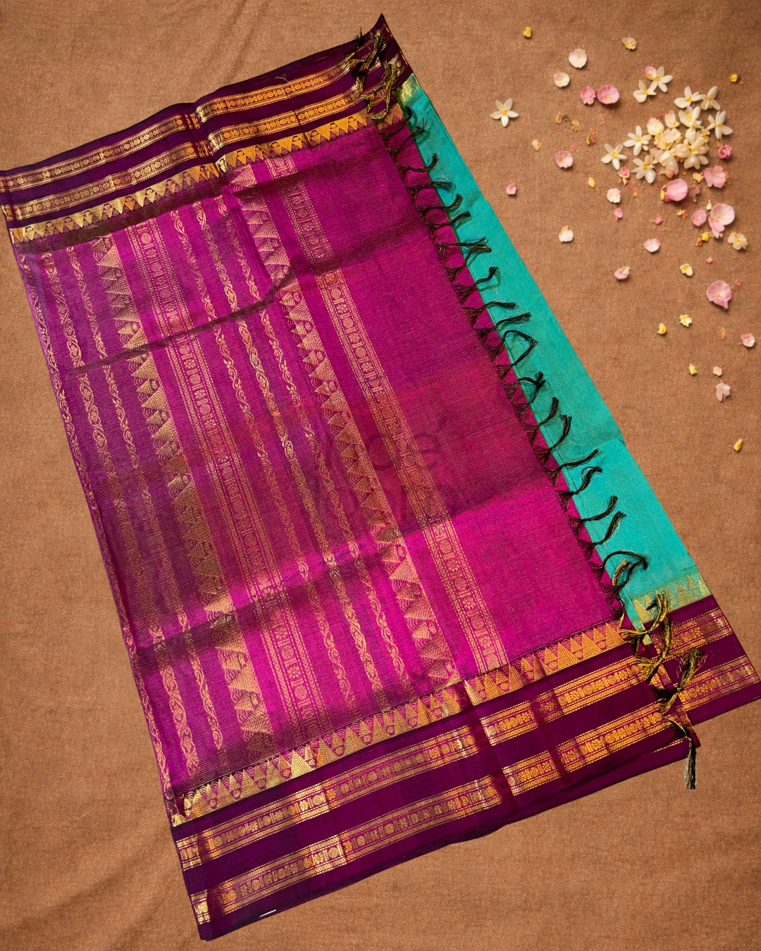Handloom Korvai Silk Cotton Saree  |  Peacock Teal