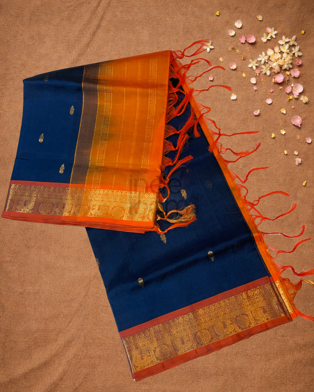Handloom Korvai Silk Cotton Saree  |  Navy Blue