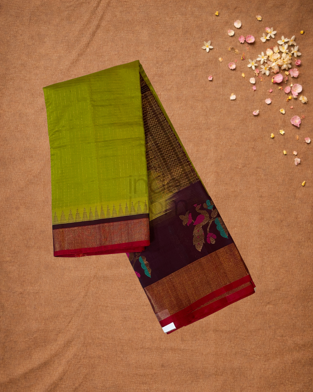 Handloom Korvai Silk Cotton Saree  |  Lime Green