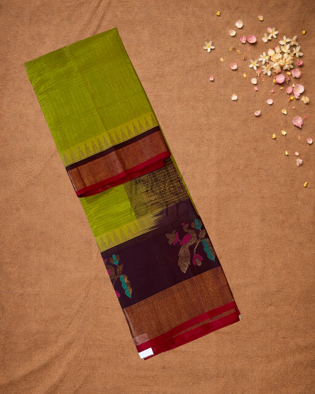Handloom Korvai Silk Cotton Saree  |  Lime Green