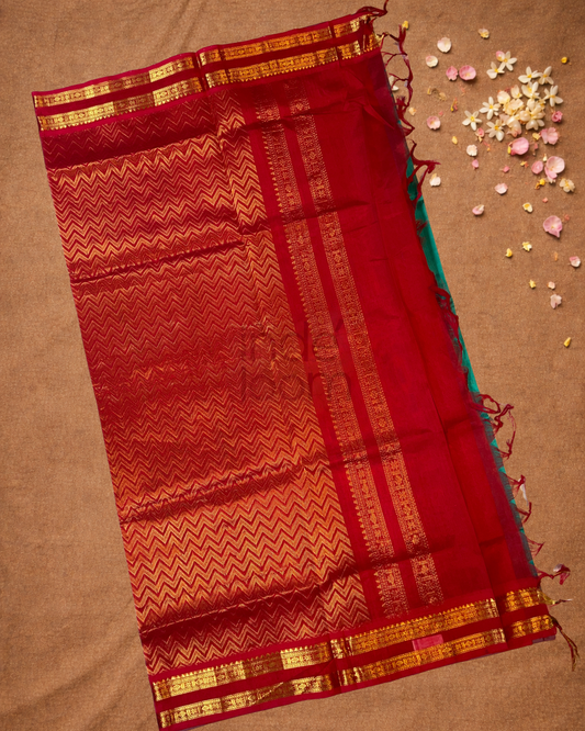 Handloom Korvai Silk Cotton Saree  |  Peacock Teal