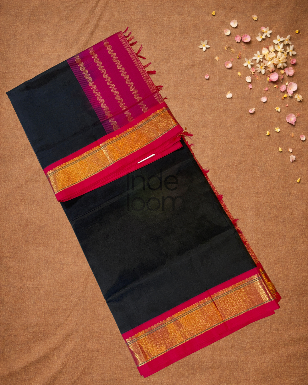 Handloom Korvai Silk Cotton Saree  |  Midnight Black