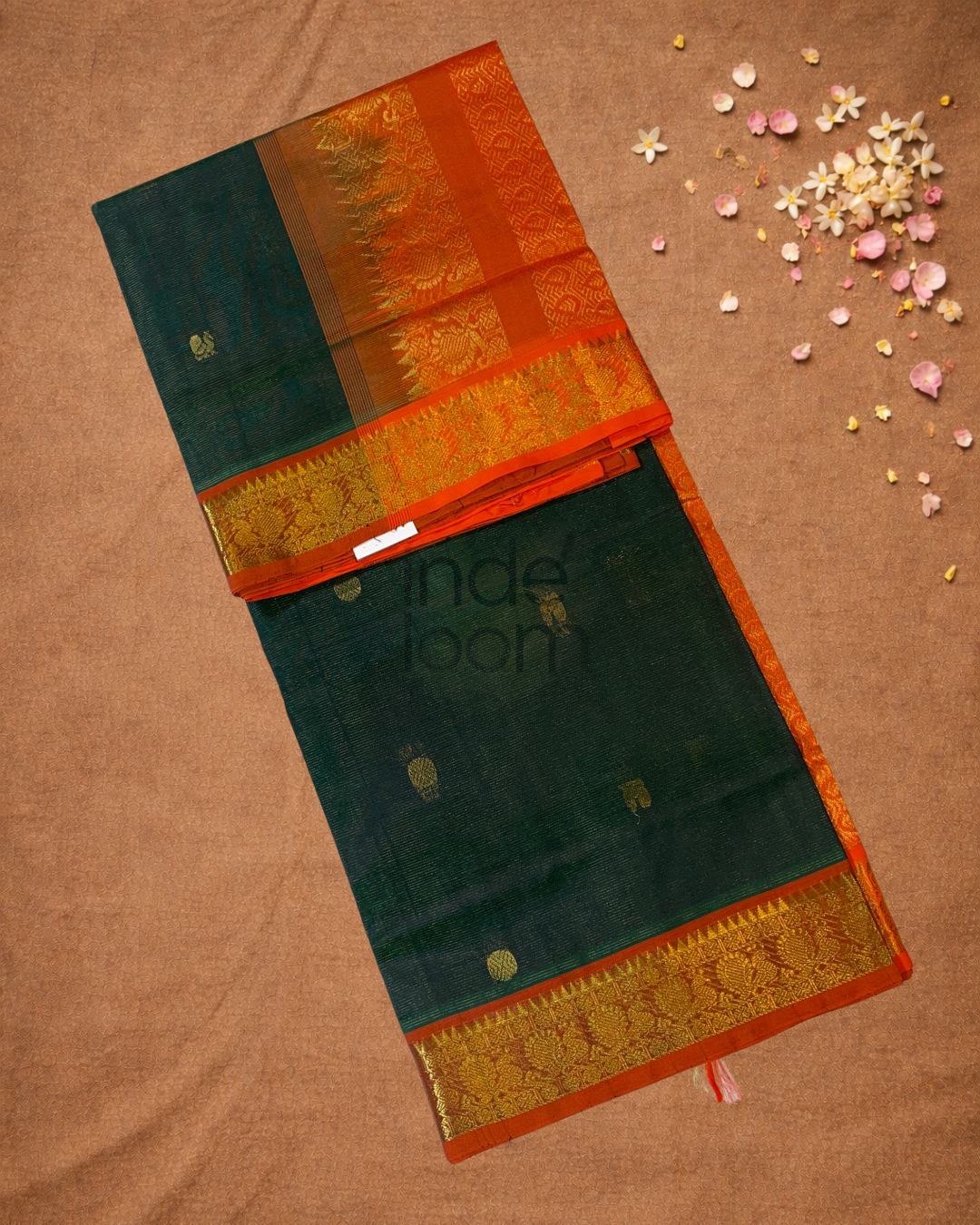 Handloom Korvai Silk Cotton Saree  |  Bottle Green