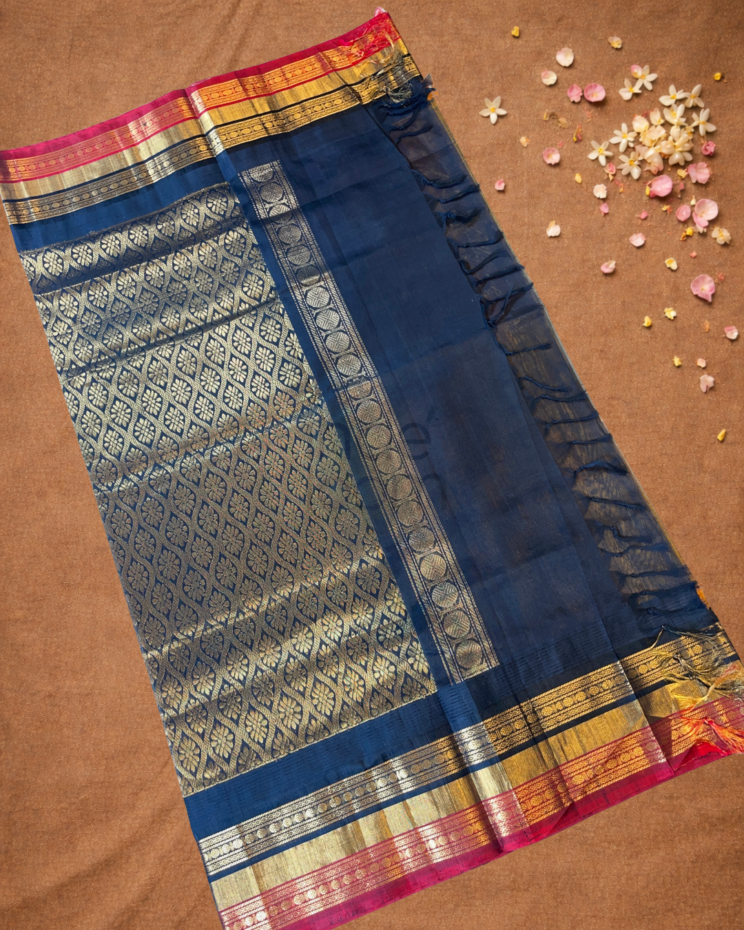 Handloom Korvai Silk Cotton Saree  |  Fire Orange