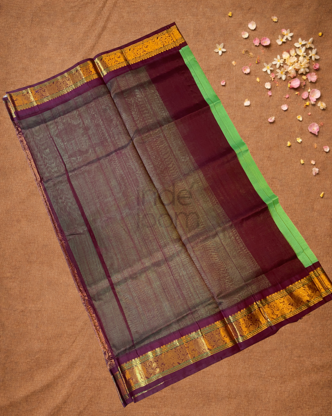 Handloom Korvai Silk Cotton Saree  |  Lime Green